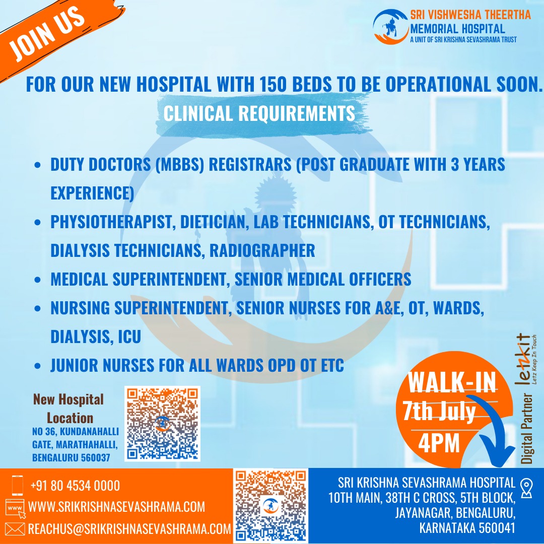 sksevashrama's tweet photo. Have you heard about the walk-in-interview just round the corner? If not, check out the details here.
#srikrishnasevashrama #jayanagar #vacancy #jobsinbangalore #CharityHospital #Marathahalli #Whitefield #hiring #letzkit https://t.co/F7UTDyOLK2