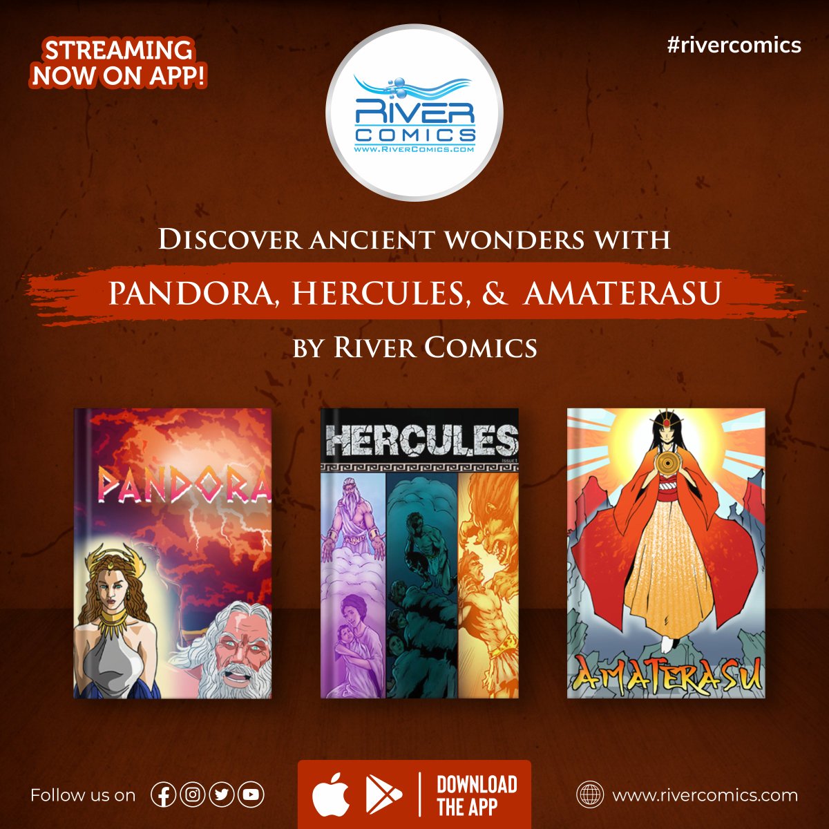 RiverComics's tweet photo. 🌟 Embark on an unforgettable journey with Ancient Tales by River Comics. Discover the captivating legends of Pandora, Hercules, and Amaterasu, and get lost in the mesmerizing world of mythology and adventure. Open the pages of these epic tales today. Download now! https://t.co/xrNTgX0l10
