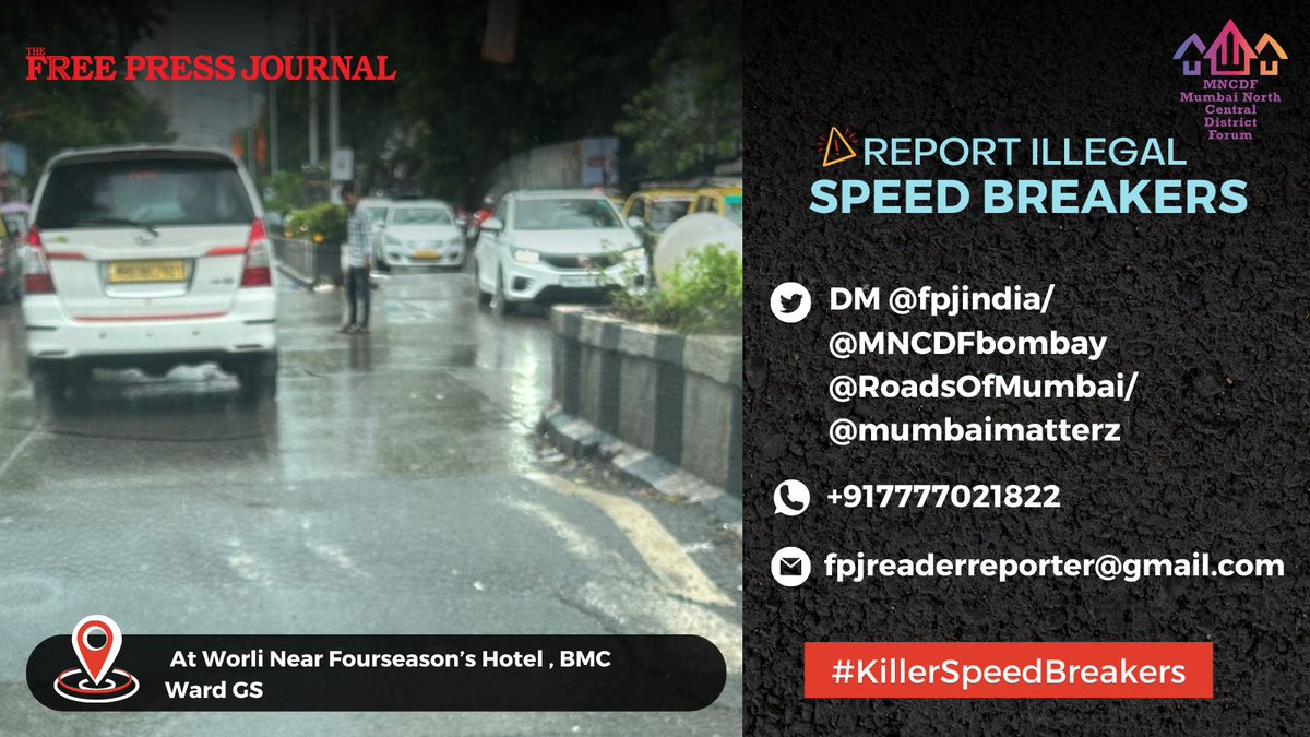 fpjindia's tweet photo. #KillerSpeedBreakers

Speed Breaker At Worli Near Fourseason’s Hotel . No white paint. @mybmcWardGS  

Please get this painted at the earliest.  

If you have similar complaints then reach out to us below with the location of the speed breaker and picture.

@fpjindia/@MNCDFbombay/@RoadsOfMumbai
/@mumbaimatterz