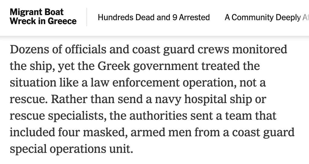 Important investigation from <a href="/MatinaStevis/">Matina Stevis-Gridneff</a> &amp; <a href="/KaramShoumali/">Karam Shoumali</a> of the avoidable mass drowning off Greece last month. 

Summarizes how awful EU (and MS) policy is: Desperate, powerless people are seen as a threat &amp; saving human life is not the priority. 
nytimes.com/2023/07/01/wor…