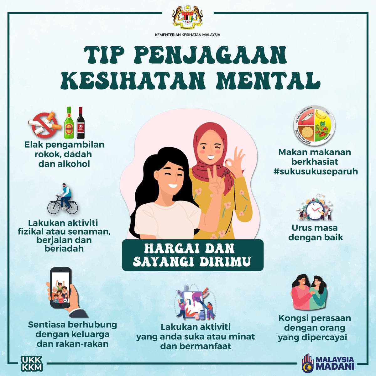 'Hargai dan Sayangi Dirimu'

🥳Jalani kehidupan dengan tenang dan sejahtera.  

Untuk mendapatkan khidmat kaunseling dan bantuan sokongan sosial, boleh hubungi di Talian HEAL 15555.📞

📌Talian Bantuan Krisis Kesihatan Mental HEAL 15555 (Help with Empathy And Love) beroperasi