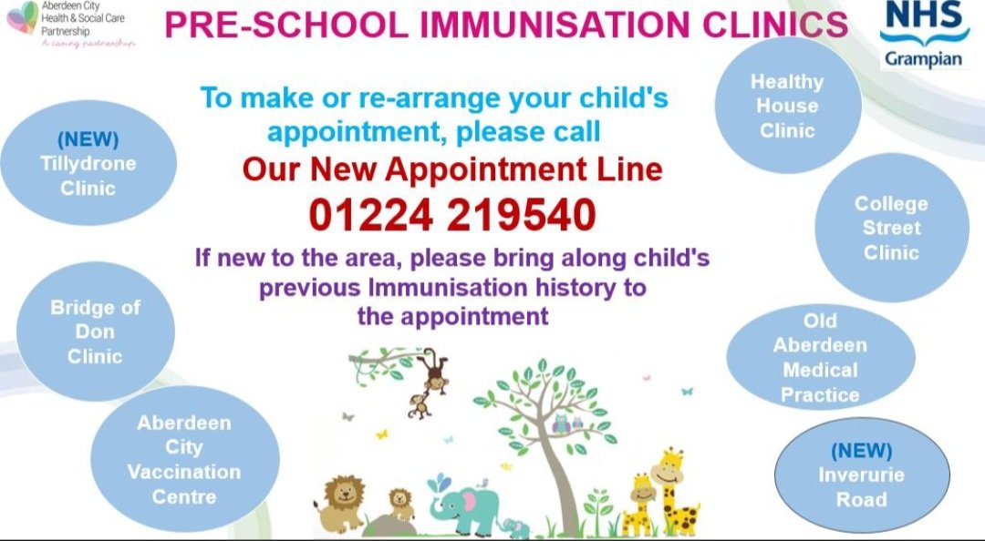 OUR NUMBER HAS CHANGED: To request a rescheduled pre-school Immunisation appointment or for all other queries for the Aberdeen City team, please  call 01224 219540 (Mon-Fri between 9.00 -5.00pm) This will take you through to the Aberdeen City Contact Centre - select