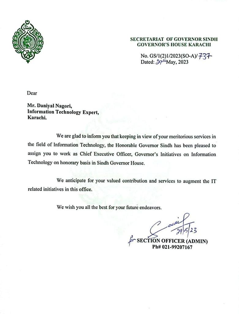 دانیال ناگوری CEO گورنرز اینی شیٹیو برائے انفارمیشن ٹیکنالوجی تعینات،50 ہزار نوجوانوں کو آئی ٹی تعلیم کے منصوبہ کی نگرا نی کریں گے،دانیال ناگوری  اعلیٰ تعلیم یافتہ آئی ٹی انجینئر اور بزنس مین ہیں، وہ اپنی خدمات اعزازی طور پر انجام دیں گے