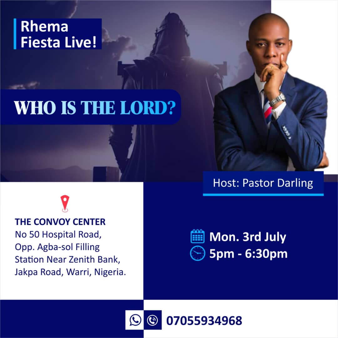 RhemaFiesta's tweet photo. @PstDarling will be teaching on: WHO IS THE LORD? at The Convoy Center | 50 Hospital Road, Opp. Agba-Sol Filling Station, Jakpa Road, Warri, Nigeria.

Today, 3rd July,
5:00pm - 6:30pm!

Stream Links:
Telegram Audio: https://t.co/4G6ausNGqB https://t.co/X3SAtWCojy