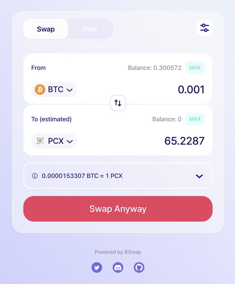 bswap.chainx.org/#/swap

The exchange of #BTC and #PCX can already be realized in a decentralized way on #BSwap.
<a href="/BSwap_BEVM/">BSwap-Brc20 DEX</a>