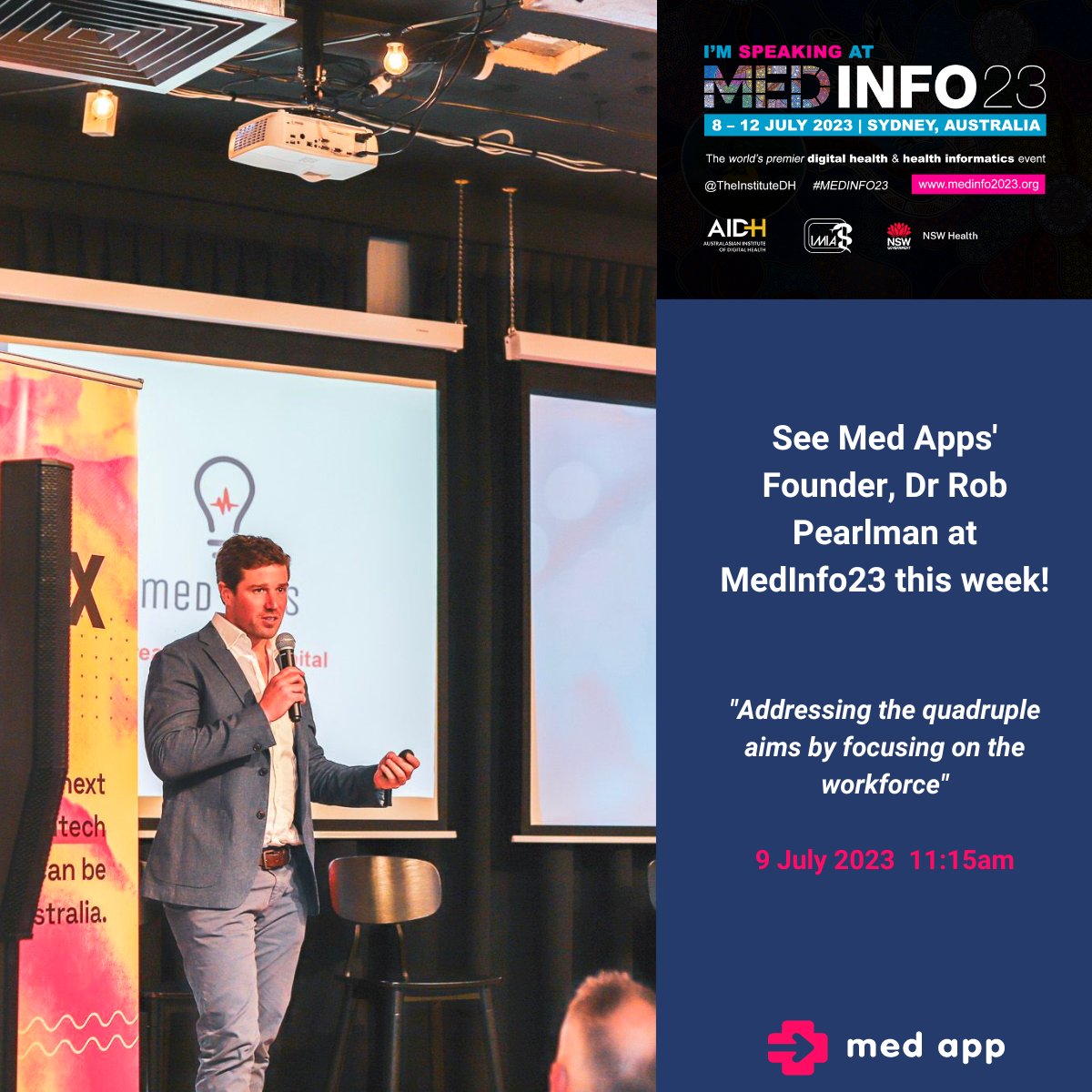 🎉 Exciting News! Our very own Med App founder, <a href="/rob_pearlman/">Rob Pearlman</a>, will take the stage at #MedInfo23 this weekend to share his insights and expertise on how @med_appsis helping organisations to address the Quadruple Aim. Stay tuned for updates! #Digitalhealth #QuadrupleAim
