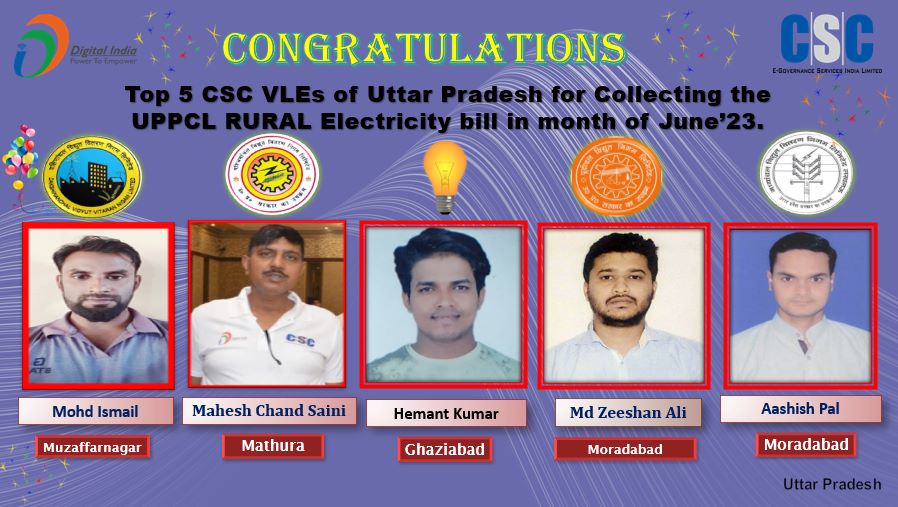 Congratulations💐to top 5 CSC_VLEs of Uttar Pradesh for the highest amount of electricity bill collection in UPPCL RURAL (Non-RAPDRP) areas in month of June'23. <a href="/CSCegov_/">CSCeGov</a> <a href="/sanjaykrakesh/">Sanjay K Rakesh</a> <a href="/aksharmaBharat/">A K Sharma</a> <a href="/isomendratomar/">Dr. Somendra Tomar</a> <a href="/CSCUttarPradesh/">CSC Uttar Pradesh</a> <a href="/UPPCLLKO/">UPPCL</a> <a href="/UppclChairman/">CMD UPPCL</a> <a href="/mduppcl/">MDUPPCL</a> <a href="/atulitrai/">Atulit Rai</a>