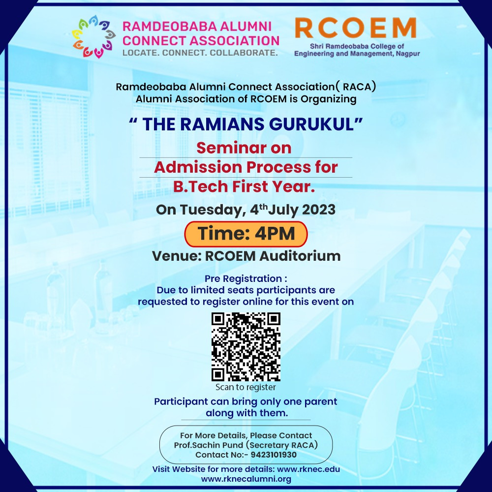 RBU_Official's tweet photo. Ramdeobaba Alumni Connect Association (RACA) is organizing 'The Ramians Gurukul', a seminar aimed at providing information about the admission process for https://t.co/0jU6I0cbTX first year.
Visit: https://t.co/R46luKO4OE
.
#RCOEM #RKNEC #education #btechadmissionprocess https://t.co/EJTXRLBVkL