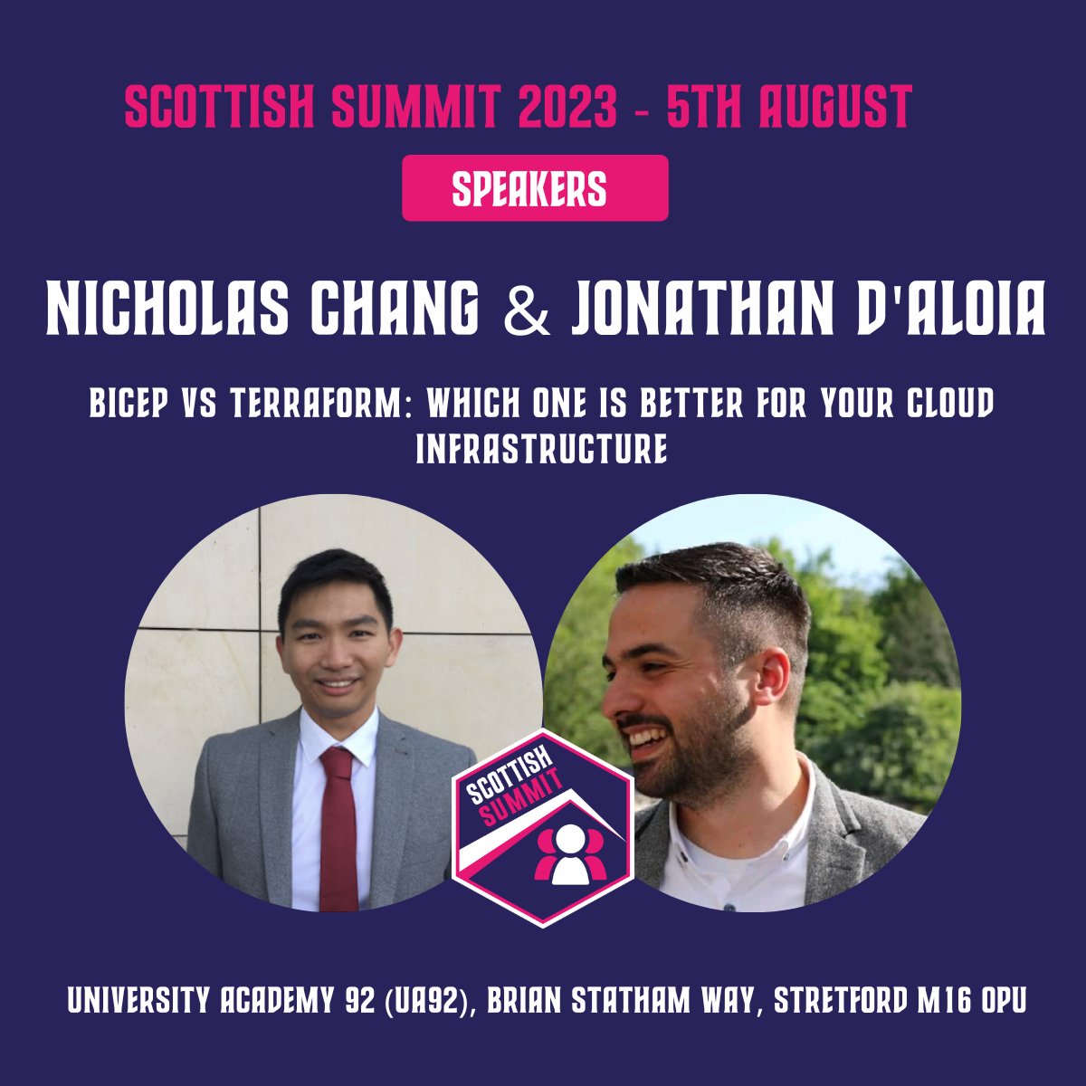 #scottishsummit2023 just keeps on giving!

Introducing <a href="/nick_cloudops/">Nicholas Chang</a>  and <a href="/DataOpsDon/">Jonathan D'Aloia</a> who will present 'Bicep vs Terraform: Which one is better for your cloud infrastructure' on the 5th August in Manchester.

Nicholas and Jonathan will walk you through how to can deploy your