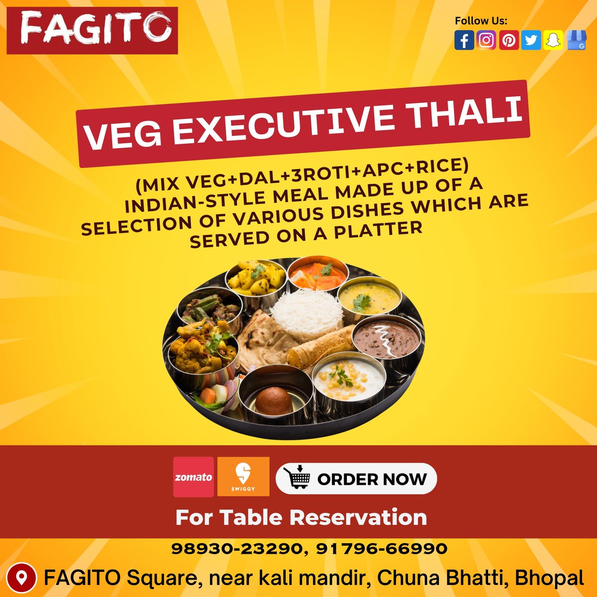 VEG EXECUTIVE THALI😍🤤🔥
•
•
•
Location 📍 Chunna Bhatti Square, in front of kali mandir, BHOPAL
•
For table reservation
Call:- 98930-23290, 91796-66990, 0755-4200100
•
•
#viralfood #indianthali #vegthali #vegthali🍱   #northindianfood #fagito_delivery #fagito