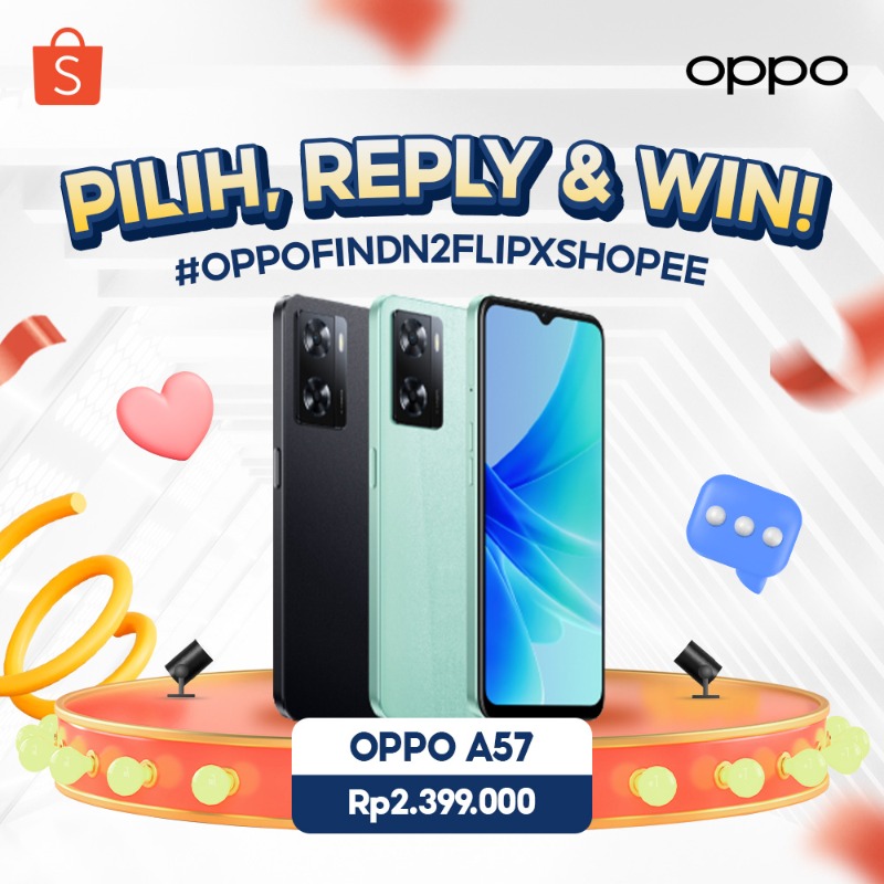 ShopeeID's tweet photo. ✨ GIVEAWAY OPPO A57✨

Hari ini mimin &amp; OPPO mau GIVEAWAY OPPO A57 nih! Caranya:

- FOLLOW  @ShopeeID
- RT &amp; LIKE tweet ini
- REPLY #OPPOFindN2FlipxShopee + warna OPPO A57 yang kamu mau!

Good luckkkk! 🧡
