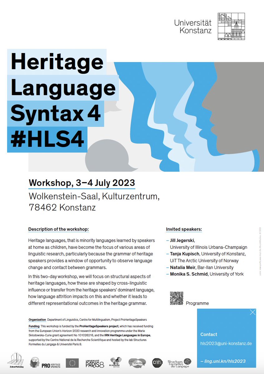 📢 Today and tomorrow (3.7.-4.7) Heritage Language Syntax 4 is taking place in Konstanz. #HSL is a conference exploring heritage languages and their grammar! 🌍🗣️✨ #HeritageLanguages #Linguistics #HSL4
For more info visit: ling.uni-konstanz.de/hls2023/
