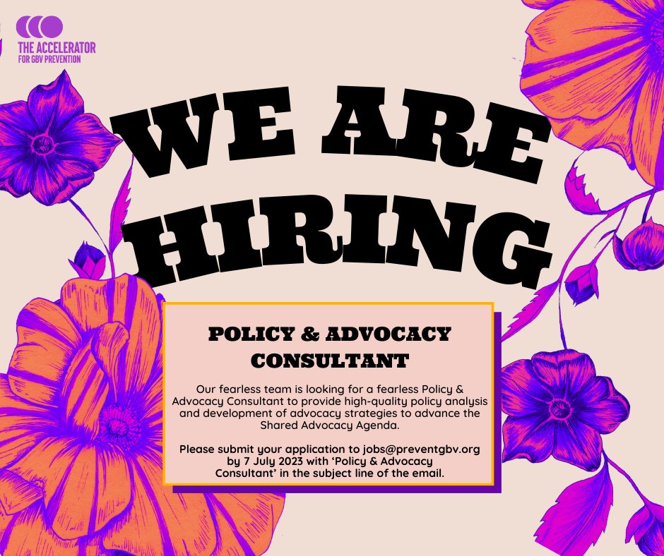 📢#Feminist #Opportunity Alert:

Join the @preventgbv team today!

They are looking for a fearless Policy & Advocacy Consultant to develop strategies to advance a Shared Advocacy Agenda to end GBV.

Apply by 7th July. 

See the Terms of Reference here: drive.google.com/file/d/15mmbhF…
