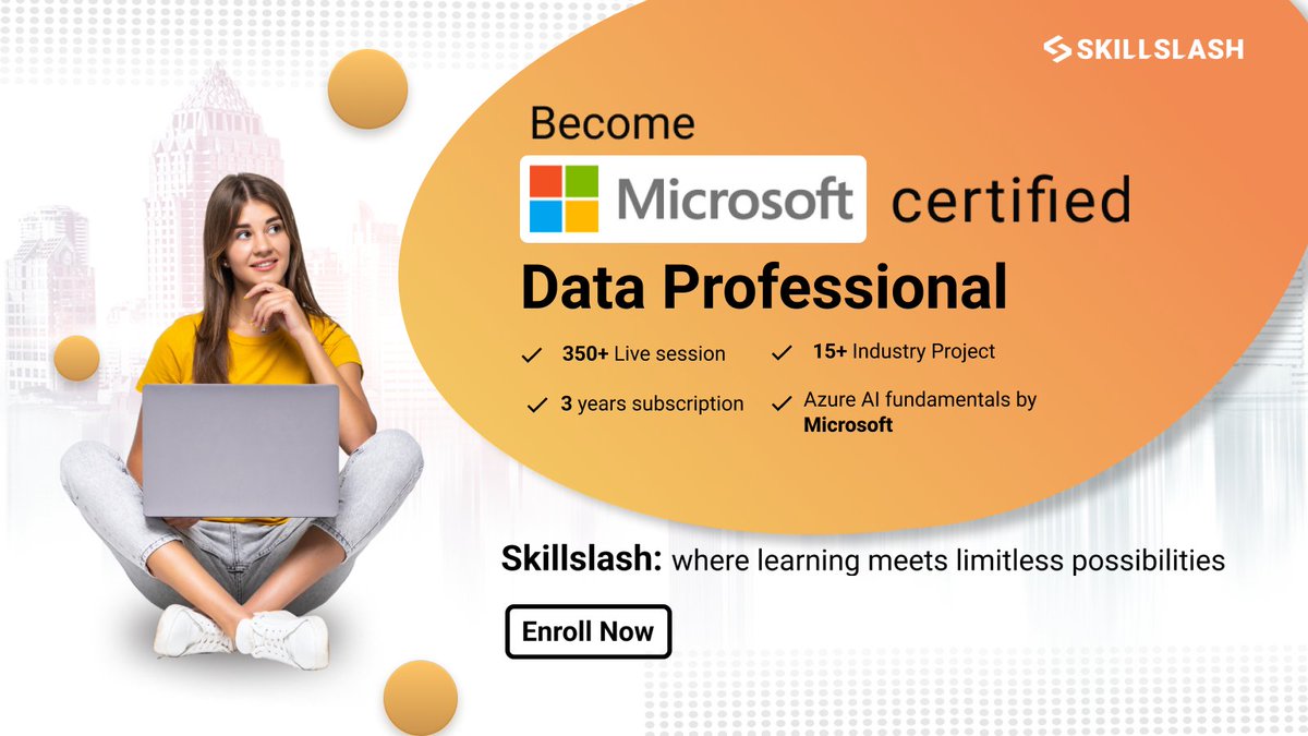 skillslash's tweet photo. Are you looking to become a Microsoft Certified Data Professional? Look no further than SkillSlash! Enroll now https://t.co/Janq1yBQmp…

Don't miss this opportunity to boost your skills - join SkillSlash today! Follow
@skillslash https://t.co/tY8mB1Bsml