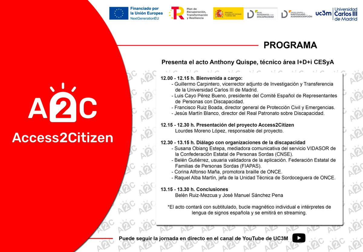Hoy lunes 3 de julio se presenta el proyecto "Access2Citizen", muy focalizado en la accesibilidad al servicio de emergencias 112. Canal de YouTube de la UC3M a las 12:00 <a href="/RPDiscapacidad/">Real Patronato sobre Discapacidad y D. G.</a>  <a href="/cesyaes/">CESyA</a> <a href="/uc3m/">UC3M</a>  <a href="/ciencia_uc3m/">Divulga UC3M</a>