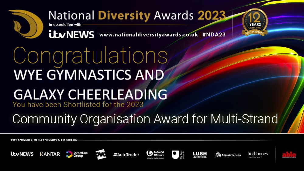 Congratulations to all at Wye Gymnastics and Galaxy Cheerleading @WyeAndGalaxy! You have been shortlisted for the Community Organisation Award for Multi Strand at the National Diversity Awards 2023 in association with @ITVNews! Good Luck! #NDA #NDA23