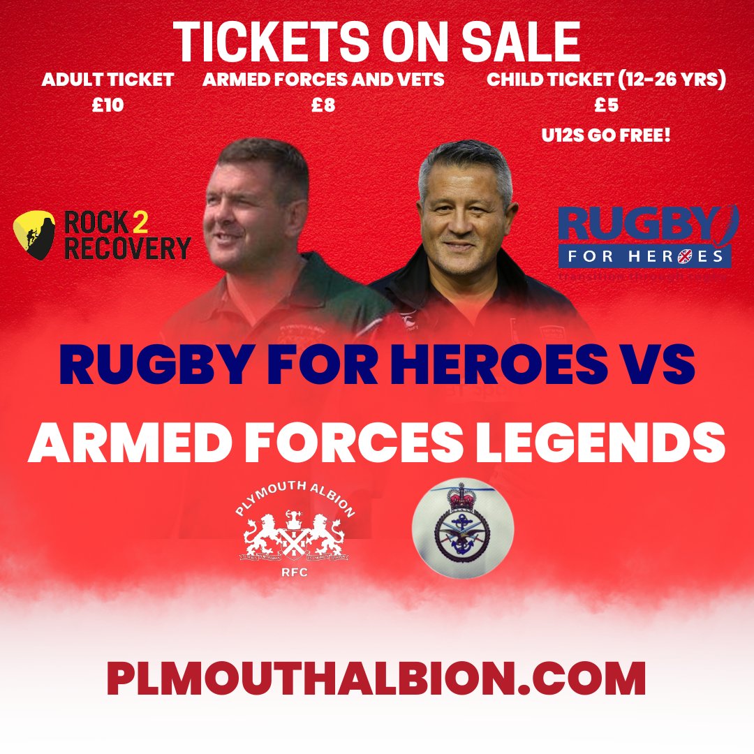As the charity game at the Brickfields between <a href="/Rugbyforheroes/">Rugby for Heroes</a> and <a href="/AFLegendsRugby/">Armed Forces Legends Rugby Union</a> gets ever nearer, there's still time to grab your match day tickets!

👉 plymouthalbion.com/tc-events/arme…

#AlbionAsOne