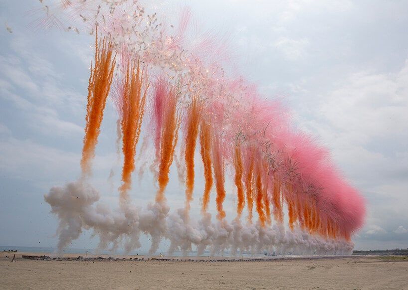 designboom's tweet photo. japan's first daytime fireworks by cai guo-qiang &amp; saint laurent cast bold hues in the sky https://t.co/xutR8NpoSc https://t.co/Disxw36f9e