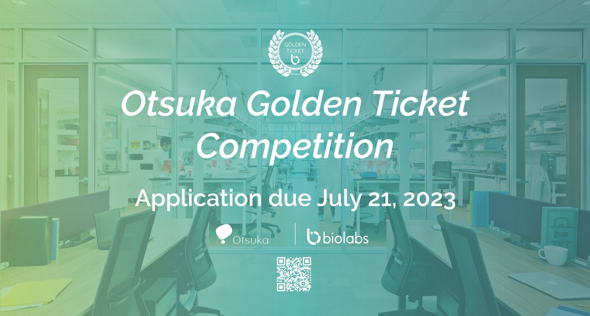 Apply to @OtsukaUS’s Golden Ticket competition for a chance to win free lab bench space at any @biolabs US location! Application period open now through July 21: biolabs.io/otsuka-2023-go…