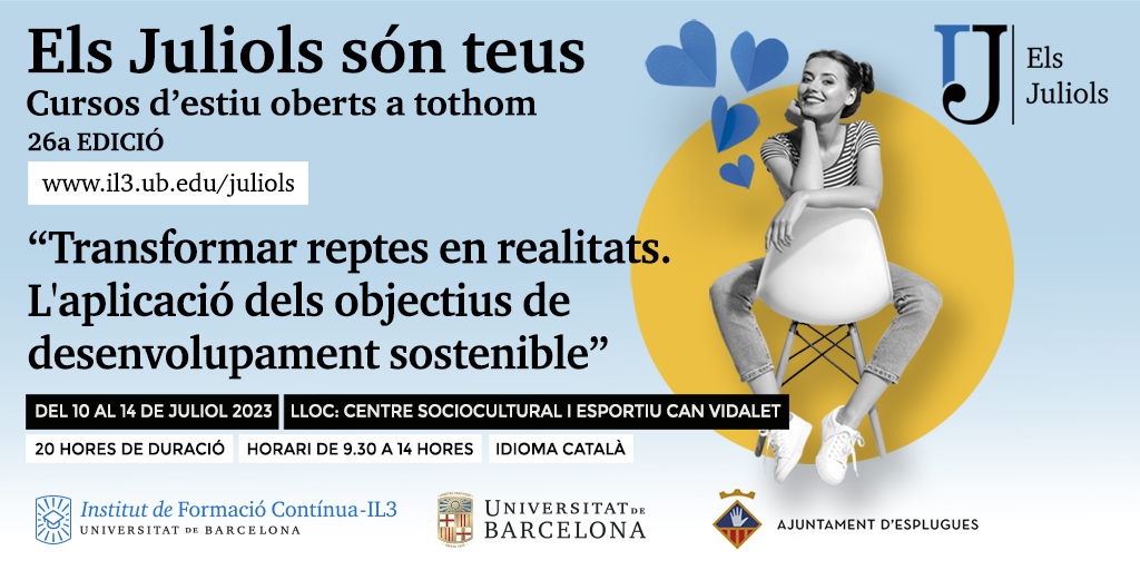 ajesplugues's tweet photo. 👉 Hi ha 20 places gratuïtes per a les persones que visquin, estudiïn o treballin a #Esplugues per al curs d’estiu de la @UniBarcelona a #CanVidalet sobre els #ODS.

#JuliolsUB
@UB_IL3 

ℹ️ Més informació: https://t.co/iL226peKvc https://t.co/s1KTm4mzzY
