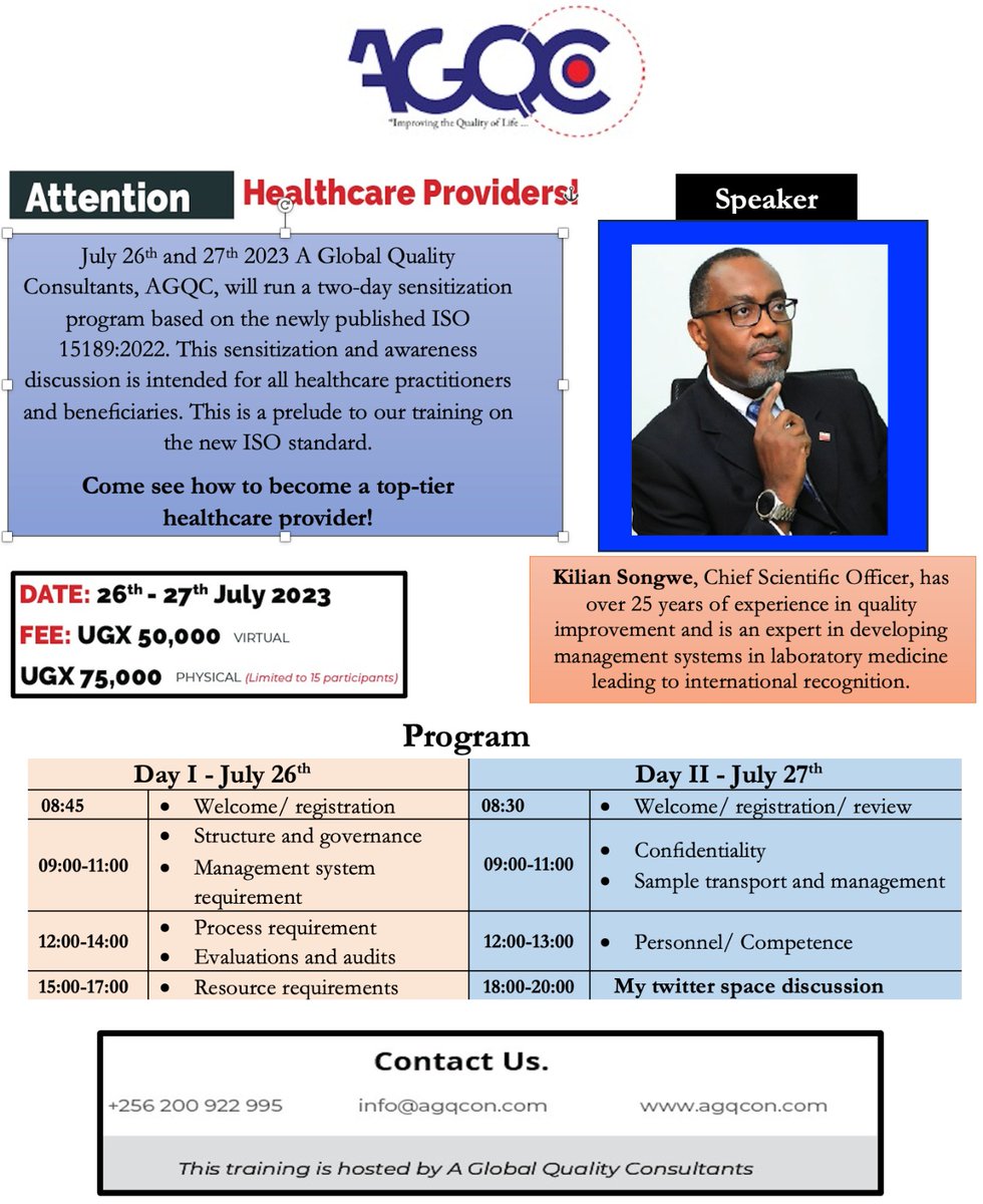 ATTENTION !!!!!
Register to be apart of our sensitization training on the new ISO (ISO 15189:2022). You can choose to attend physically or virtually. The training is targeting all healthcare providers who wish to establish quality systems in their organizations <a href="/KilianProf/">Prof. Kilian Songwe</a>