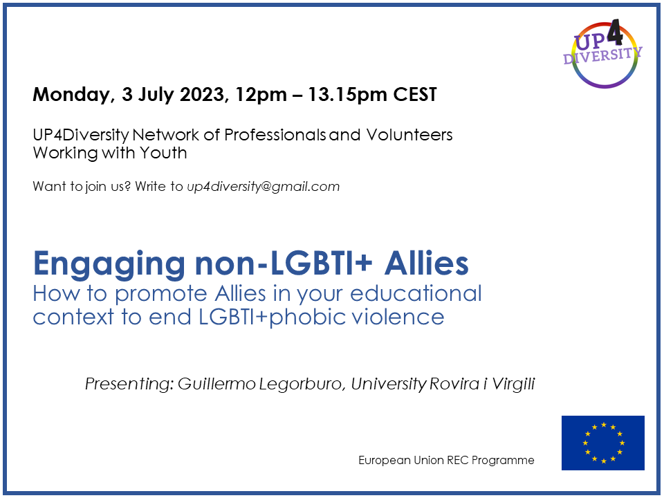 Judith Solanas (@judith__solanas) on Twitter photo A great learning experience, and a really insightful workshop about Engaging non-LGBTI+ Allies by <a href="/guillermolegor/">Guillermo Legorburo Torres</a> <a href="/oriosgon/">Oriol Rios</a> <a href="/UP4Diversity/">UP4Diversity European Project</a>
Many key takeaways including scientific studies, best practices, and good examples.
Excellent work! 👊 👏👏 A great learning experience, and a really insightful workshop about Engaging non-LGBTI+ Allies by <a href="/guillermolegor/">Guillermo Legorburo Torres</a> <a href="/oriosgon/">Oriol Rios</a> <a href="/UP4Diversity/">UP4Diversity European Project</a>
Many key takeaways including scientific studies, best practices, and good examples.
Excellent work! 👊 👏👏