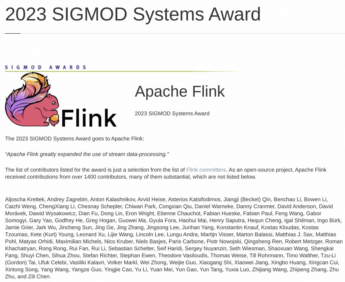 #ApacheFlink has won the 2023 SIGMOD Systems Award!! 'Apache Flink greatly expanded the use of stream data-processing.' Thanks the over 1,400 contributors and many others who contributed in ways beyond code. sigmod.org/2023-sigmod-sy…