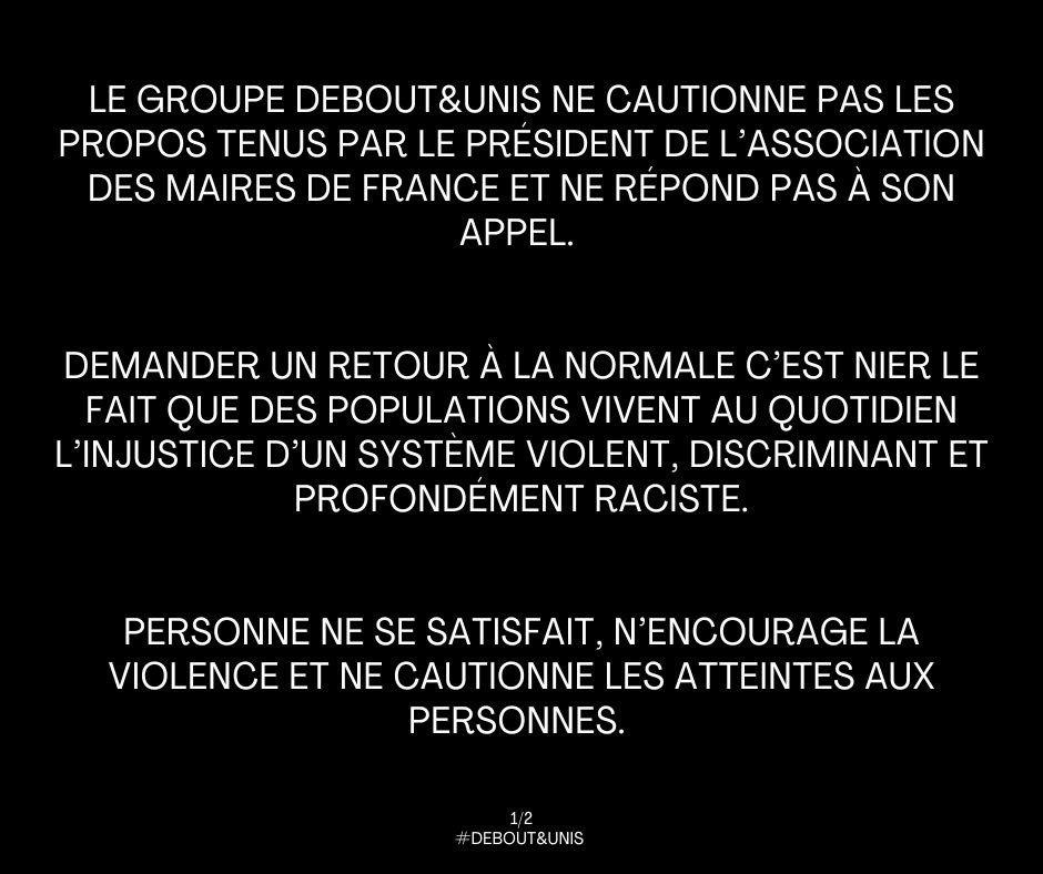 deboutetunis94's tweet photo. Le groupe Debout&amp;Unis ne cautionne pas les propos tenus par le président de l’association des maires de France et ne répond pas à son appel. 

Justice pour #Nahel et tous les autres. https://t.co/X9kyuppmg9