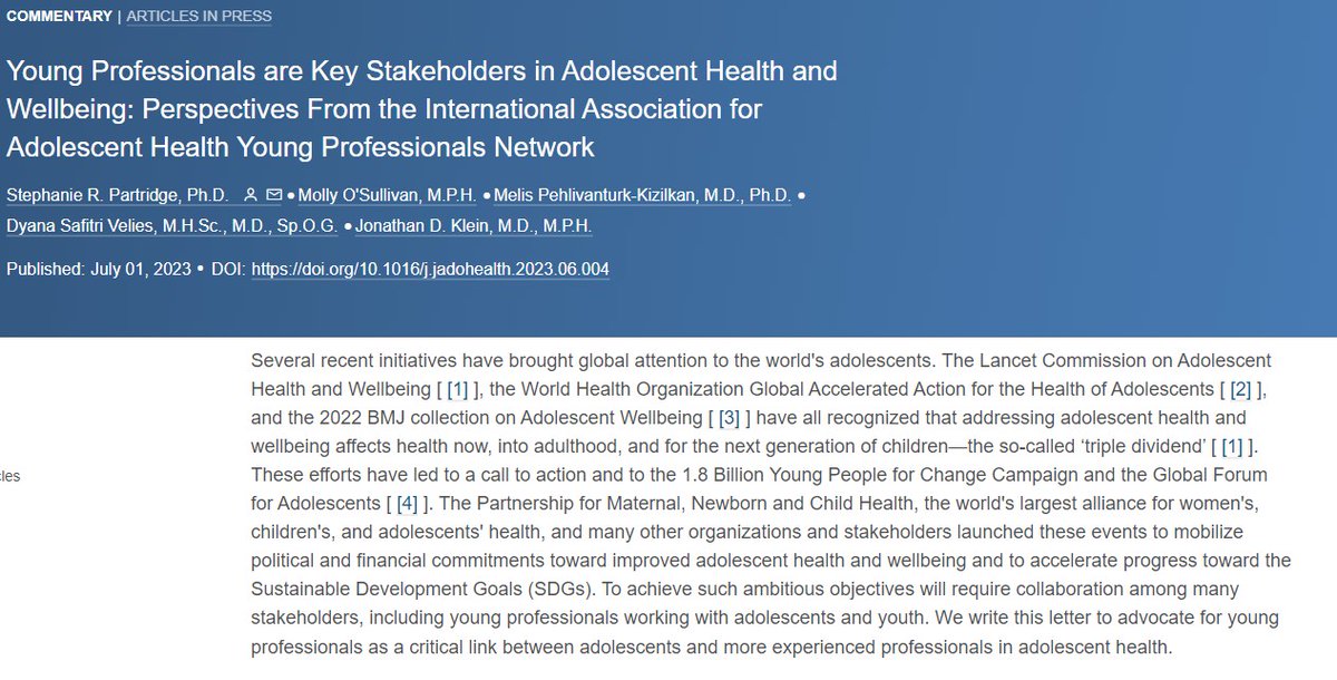 As champions for #AdolescentHealth, young professionals are well positioned to support global initiatives like the #1point8 Change Campaign + the GlobalForum4Adolescents. 

Let's collaborate &amp; accelerate progress towards the SDGs.

For more 👀doi.org/10.1016/j.jado…