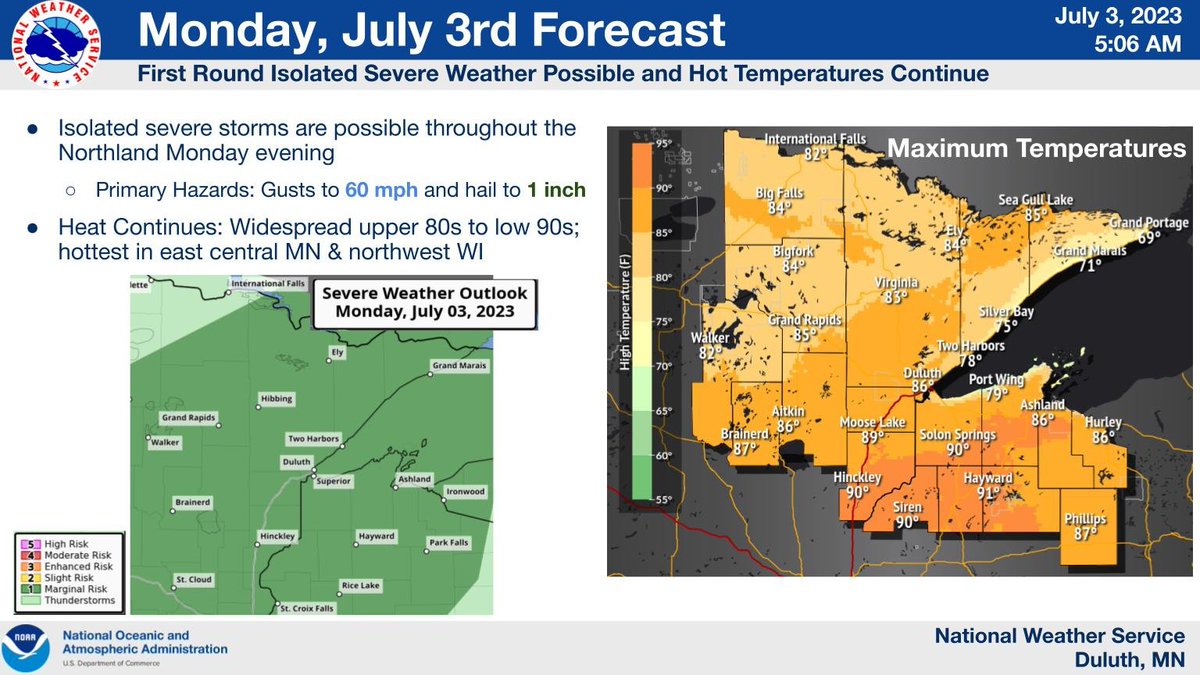 NWSduluth's tweet photo. Two Images Attached - 

Isolated (Monday) to scattered (Tuesday) severe thunderstorms remain possible for the second half of this long holiday weekend. Hot temperatures in the low-90s are expected this afternoon for the southern half of the Northland. #MNwx #WIwix https://t.co/AHT0h6TkvQ