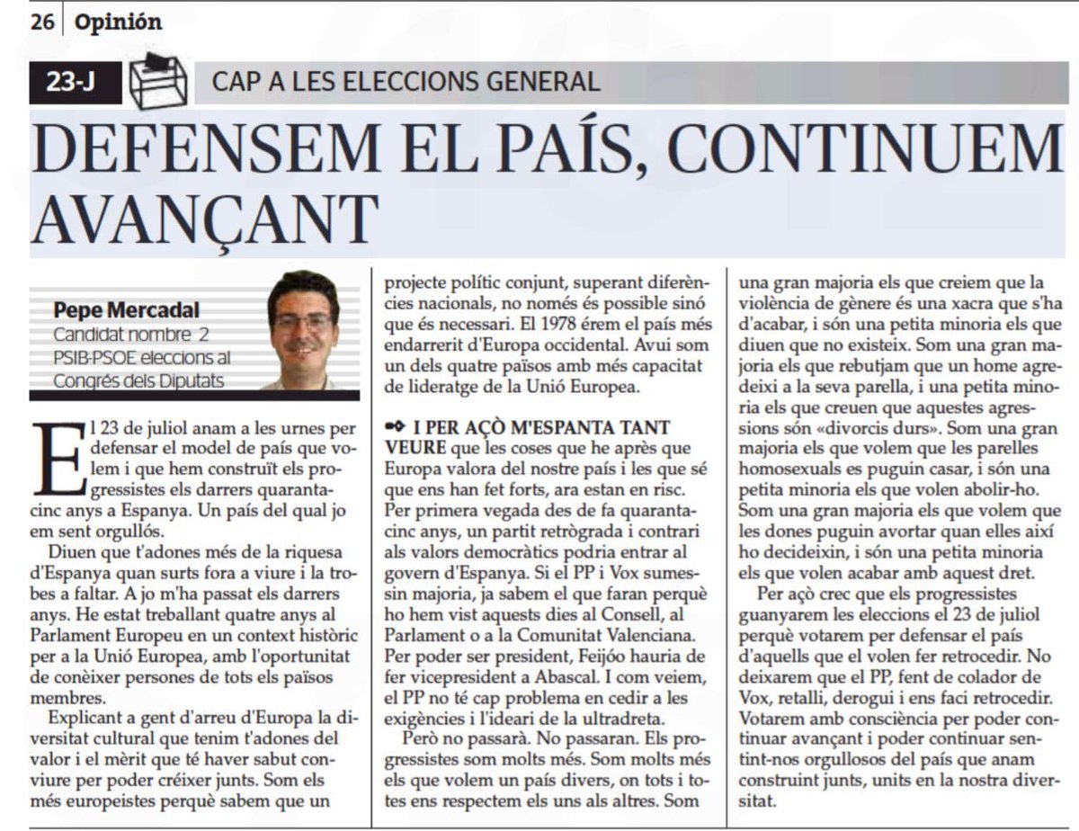 Avui a <a href="/esdiarimenorca/">menorca.info</a> trobareu aquest article que public com a candidat del <a href="/psibpsoe/">PSIB-PSOE</a> al Congrés dels Diputats.

El 23 de juliol els i les progressistes anem a votar per defensar el país divers i tolerant que volem, on hi cabem tots i totes.