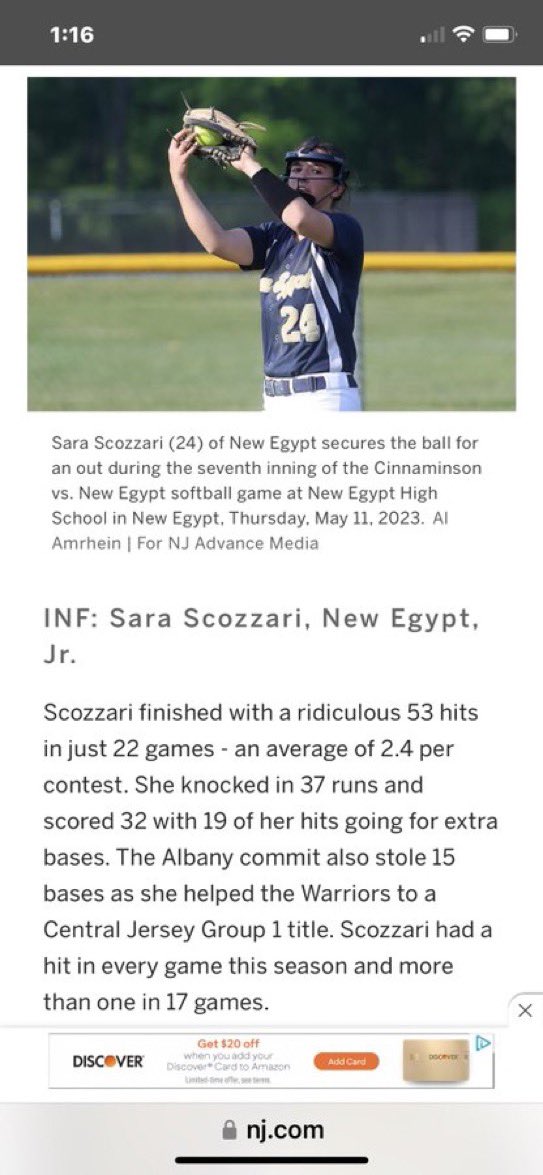 Thanks Nj.com!
2nd Team All State
1st Team All Group 1
BCSL player of the Year
1st Team Patriot Division
She lead the BCSL in Batting Average, Hits, Runs, RBI, Extra Base Hits and was 7th in NJ in hits with 53.