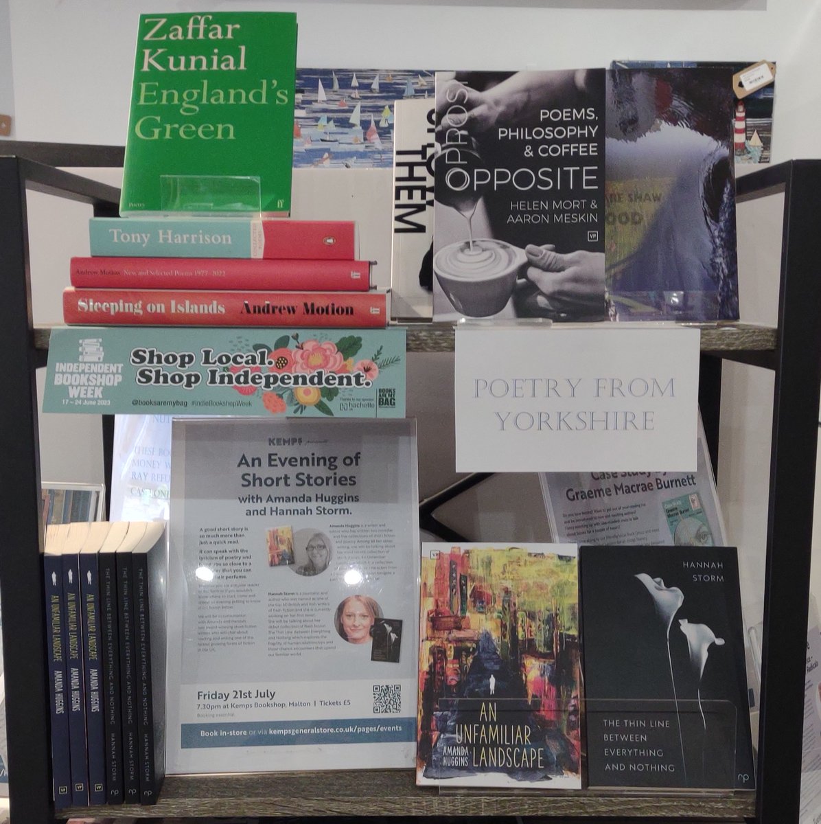 Clare's favourite new shelf! A small collection of poetry by poets with links to Yorkshire. Many thanks to @emergencypoet, Deb, at The Poetry Pharmacy for your fab recommendations 😊. Poetry fans may also like our short fiction event on 31st July @troutiemcfish @HANNAHSTORM6