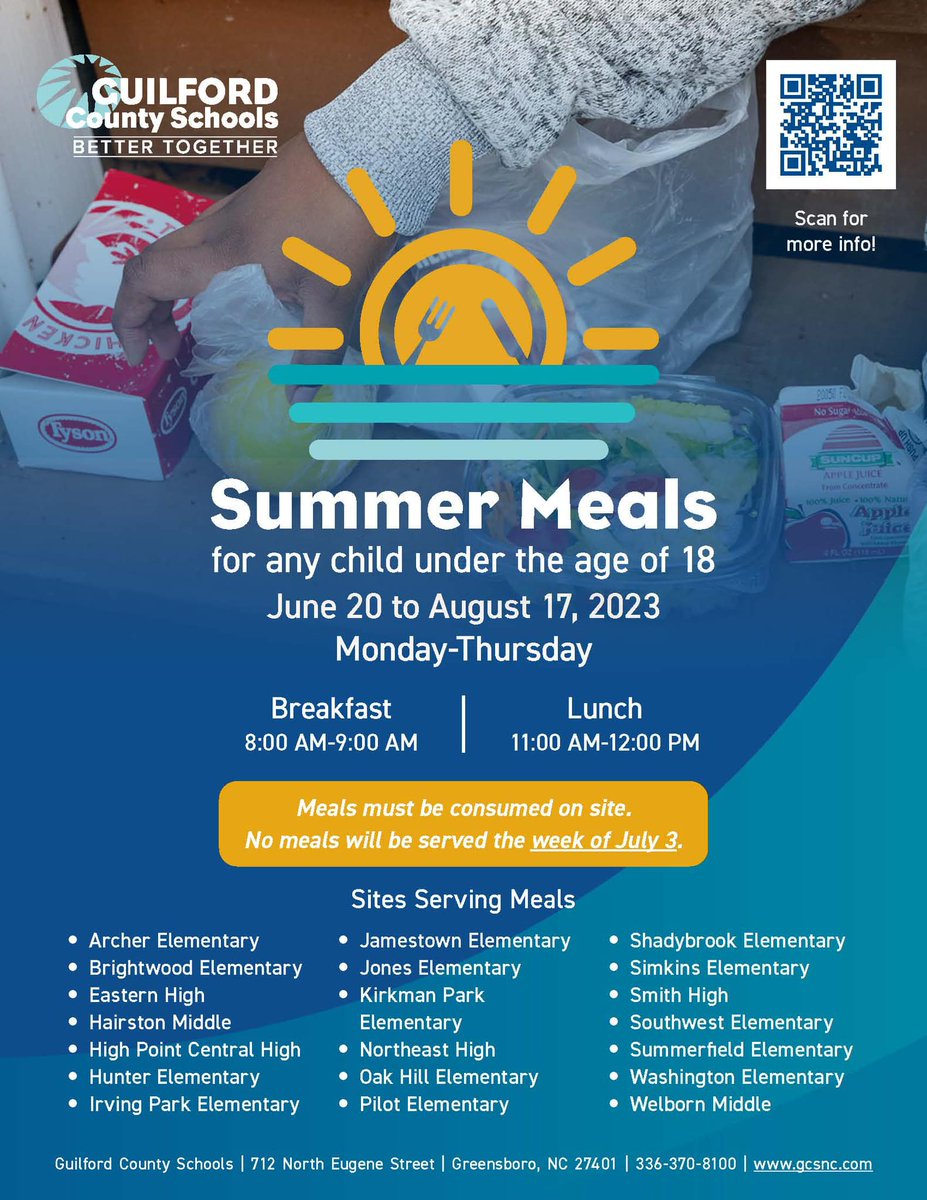 GCSFamilyAcad's tweet photo. Summer meals are available to any child under the age of 18, Monday through Thursday. Breakfast is served from 8 am until 9 am and lunch is served from 11 am until 12 pm. Check out the list of locations below! https://t.co/lqE8BmUx0N