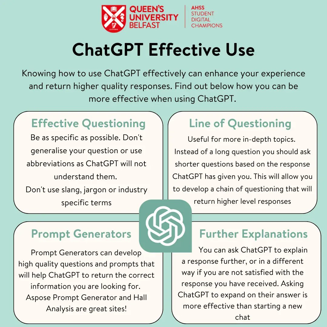 QUBDigiChamps's tweet photo. ChatGPT: Effective Use and Prompts
Learning how to effectively use ChatGPT can result in higher quality results and a better experience for you! https://t.co/OIBwFXwHyC