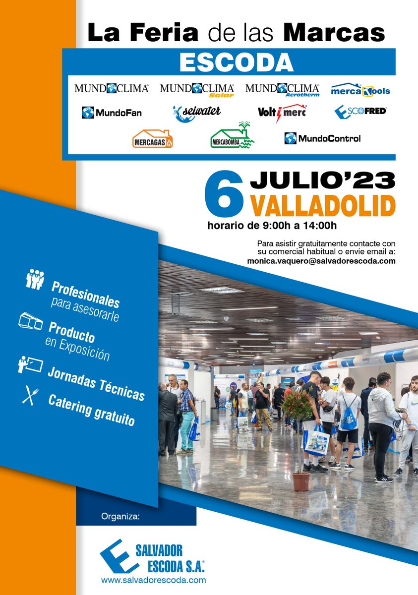 SalvadorEscoda's tweet photo. ¡NUEVO EVENTO en #Valladolid! LA FERIA DE LAS MARCAS 🌍💙

📆Jueves 6/7  09:00 - 14:00
🗺️Espacio La Granja- Lugar Plan Parc Villa del Prado, 5: https://t.co/FYCpkPS7sB
🍴Catering

👉📨 VEN GRATIS: monica.vaquero@salvadorescoda.com

❗Plazas limitadas a PROFESIONALES

#instalador https://t.co/sUBuR314JI