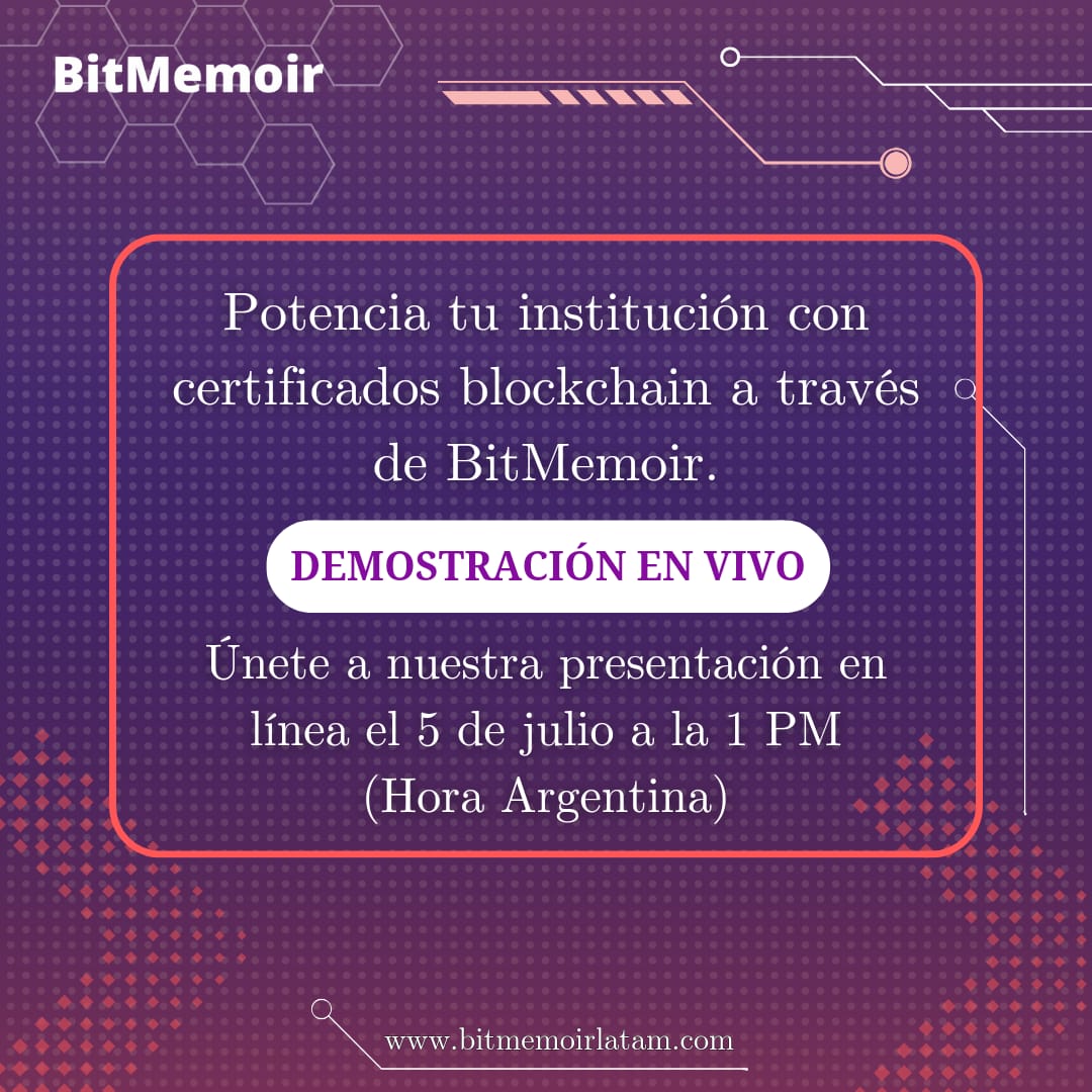 Bitmemoir_latam's tweet photo. Queridos amigos y colegas, queremos invitarlos a nuestra Demo Semanal, donde presentamos en una sesión en vivo cómo las instituciones educativas y EdTechs pueden comenzar a emitir certificados en blockchain.

https://t.co/ZhTWbdmBed

#CredencialesBlockchain #EducaciónSuperior https://t.co/vow3Vn9Okk