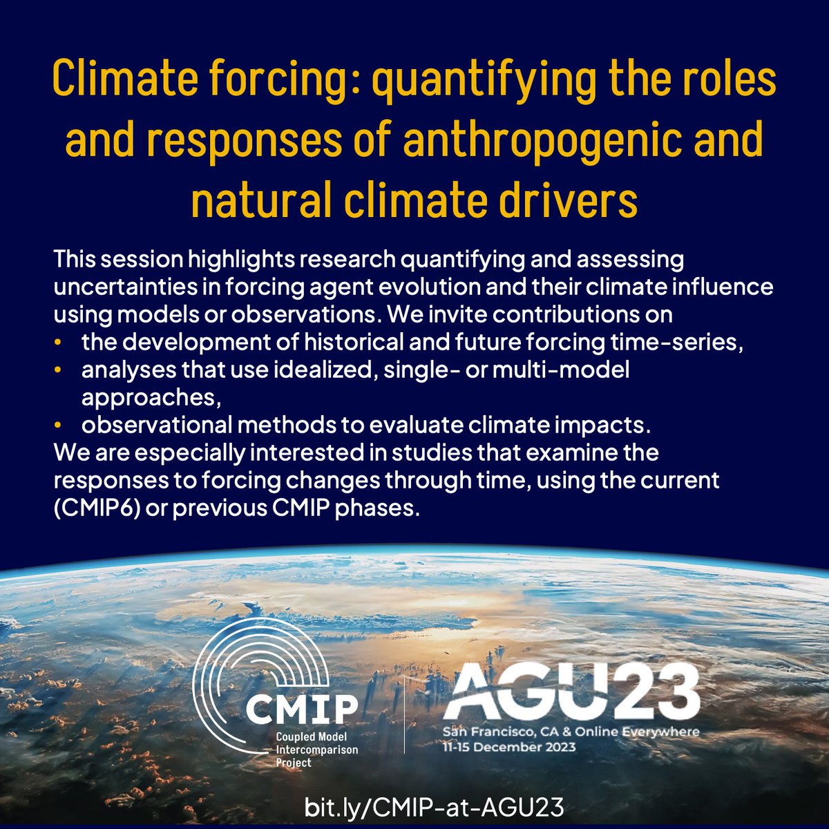 📢Call for abstracts at #AGU23📢 Two #CMIP7 Task Teams are convening sessions #AGU23 this year: 1⃣Model Benchmarking Task Team 2⃣Forcings Task Team Submission deadline: 2/8/23 See session details 👇 bit.ly/CMIP-at-AGU23 #CMIPatAGU23