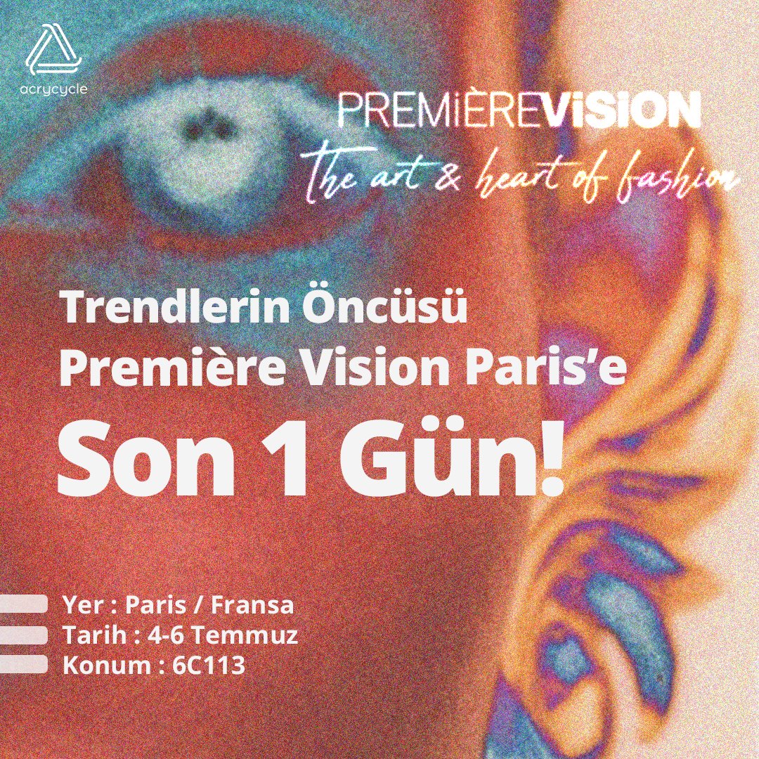 acrycycle's tweet image. Trendlerin öncüsü Premiere Vision Paris&apos;e son 1 gün kaldı! ✨🎉

Çevre dostu, geri dönüştürülmüş ve uzun ömürlü akrilik elyaf Acrycycle&apos;ı daha yakından deneyimlemen için seni standımıza bekliyoruz. 🧵

#Acrycycle #PremiereVisionParis
