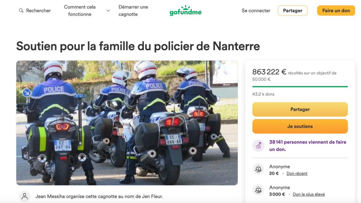 La cagnotte de l'extrême-droite en soutien à l'homme qui a tué #Nahel jugée conforme à ses règles par la plateforme qui l'héberge. Elle va atteindre le million d'euros. Indécence et horreur absolue.