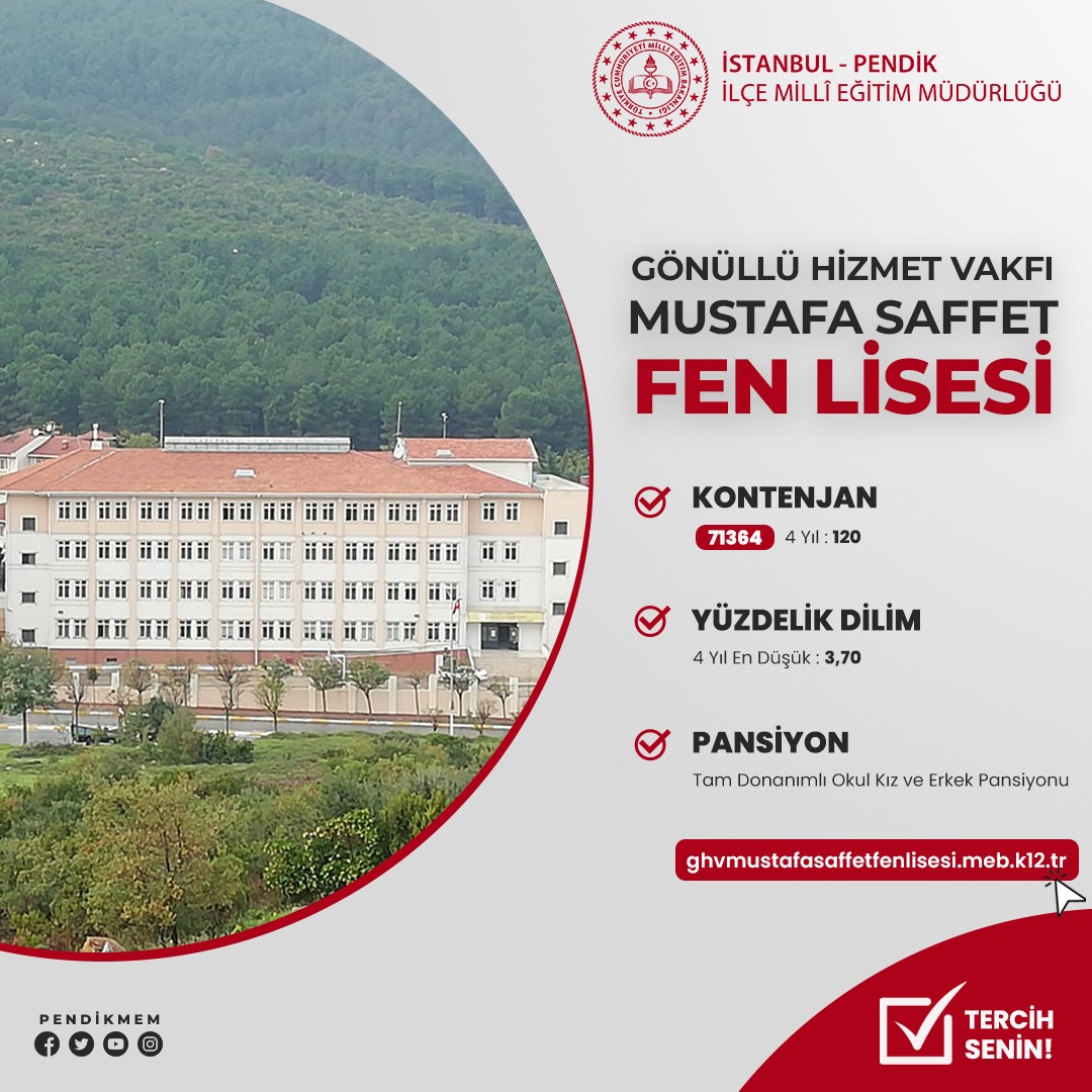 📝LGS Tercih Dönemi Başladı👍

#Pendik'te Tercih Senin ❗

Gönüllü Hizmet Vakfı Mustafa Saffet Fen Lisesi <a href="/ghv_fenlisesi/">Gönüllü Hizmet Vakfı Mustafa Saffet Fen Lisesi</a>

Tercih Kodu: 7️⃣1️⃣3️⃣6️⃣4️⃣

Kontenjan: 1️⃣2️⃣0️⃣

Pansiyon: 👧👨✅

Ayrıntılı bilgi için; 
🖥️ghvmustafasaffetfenlisesi.meb.k12.tr