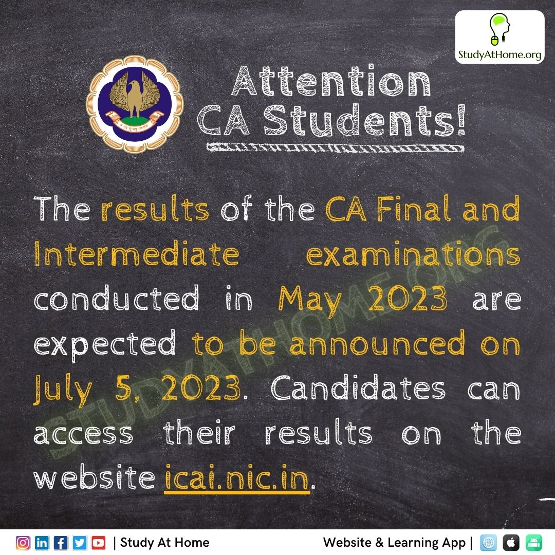StudyAtHome_org's tweet photo. Attention CA Students! π€π’
#ca #castudents #caaspirants #cafinal #caintermediate #cafinalresult #cainterresult #icai #ICAIannouncement #icaiupdates #camay #canotification #results2023 #icainotification #caresults #caresults2023 #caexamresults #caexam #StudyAtHome https://t.co/1GCUqwyiQZ
