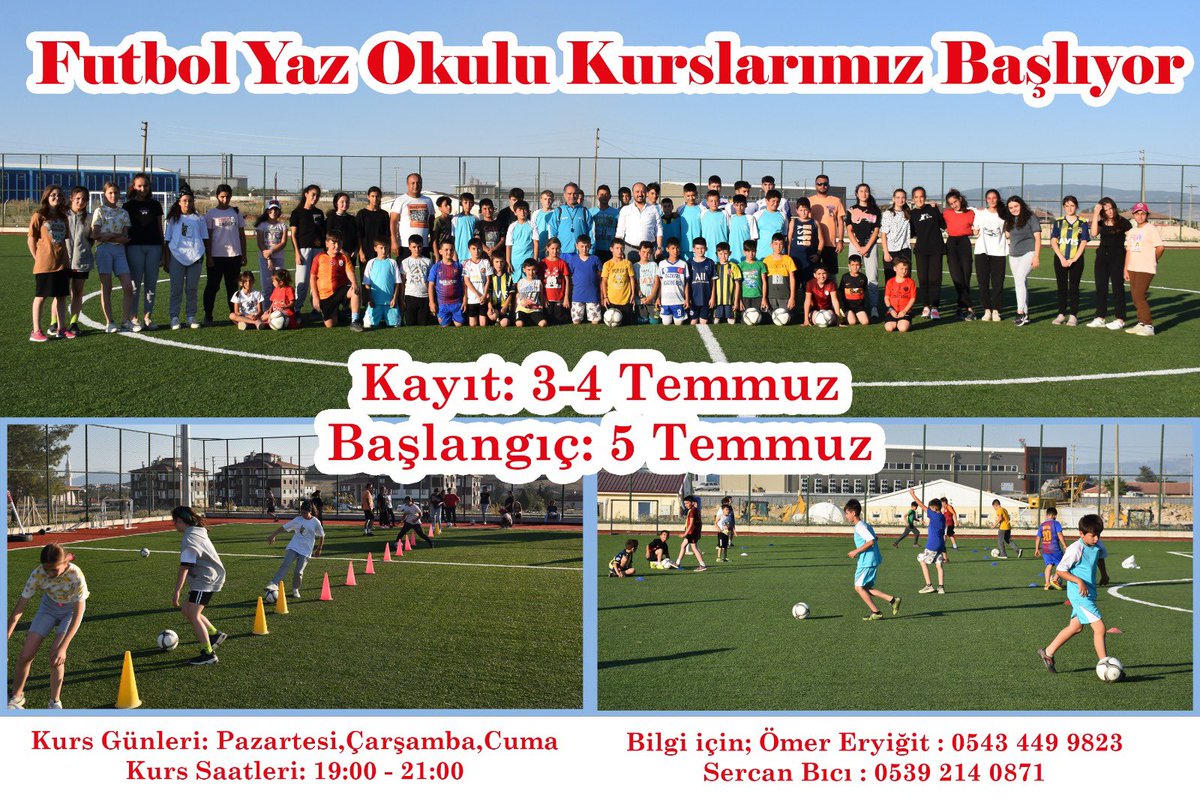Sevgili çocuklarımızın keyifli zaman geçirip hem de spor yapmaları amacıyla düzenlediğimiz kurslarımızdan olan futbol kurslarımız başlıyor….
Kurslarımıza hem kız hem  erkek çocuklarımız katılabileceklerdir.