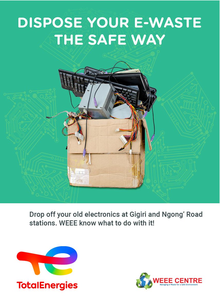 TheWEEECentre's tweet photo. Fuel your commitment to sustainability by dropping off your e-waste the safe way. Drop off your old electronics at @totalenergieske Service Station Gigiri and Ngong Road.
#ewaste #dropoffs #TotalKenya https://t.co/gVX0h7nTI5