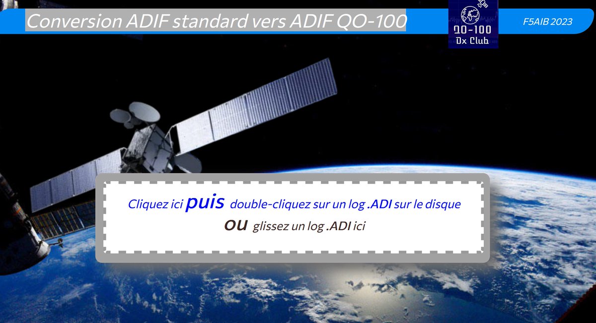 f8bsy's tweet photo. Convert your ADIF log,  to ADIF compatible for "QO-100 Dx Club" !    @QO100DxClub  
Thanks you  Robert (F5AIB) 
https://t.co/Qel5KaI7KM https://t.co/DNGBqJOT8F