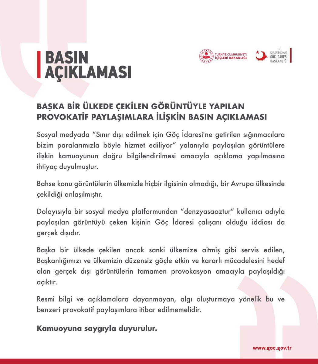 Başka Bir Ülkede Çekilen Görüntüler Üzerinden Sosyal Medyada Yapılan Provokatif Paylaşımlara İlişkin Basın Açıklaması
⬇️⬇️⬇️
goc.gov.tr/baska-bir-ulke…