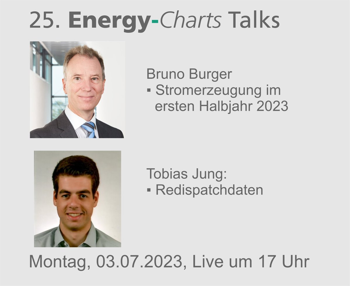 Heute Abend um 17 Uhr: Energy-Charts Talks
Teilnahme mit MS-Teams:
- ohne Anmeldung und ohne Chatfunktion:
s.fhg.de/energy-charts-…
- mit Anmeldung und mit Chatfunktion:
Email an bruno.burger@ise.fraunhofer.de
Wir freuen uns auf Ihre Teilnahme!