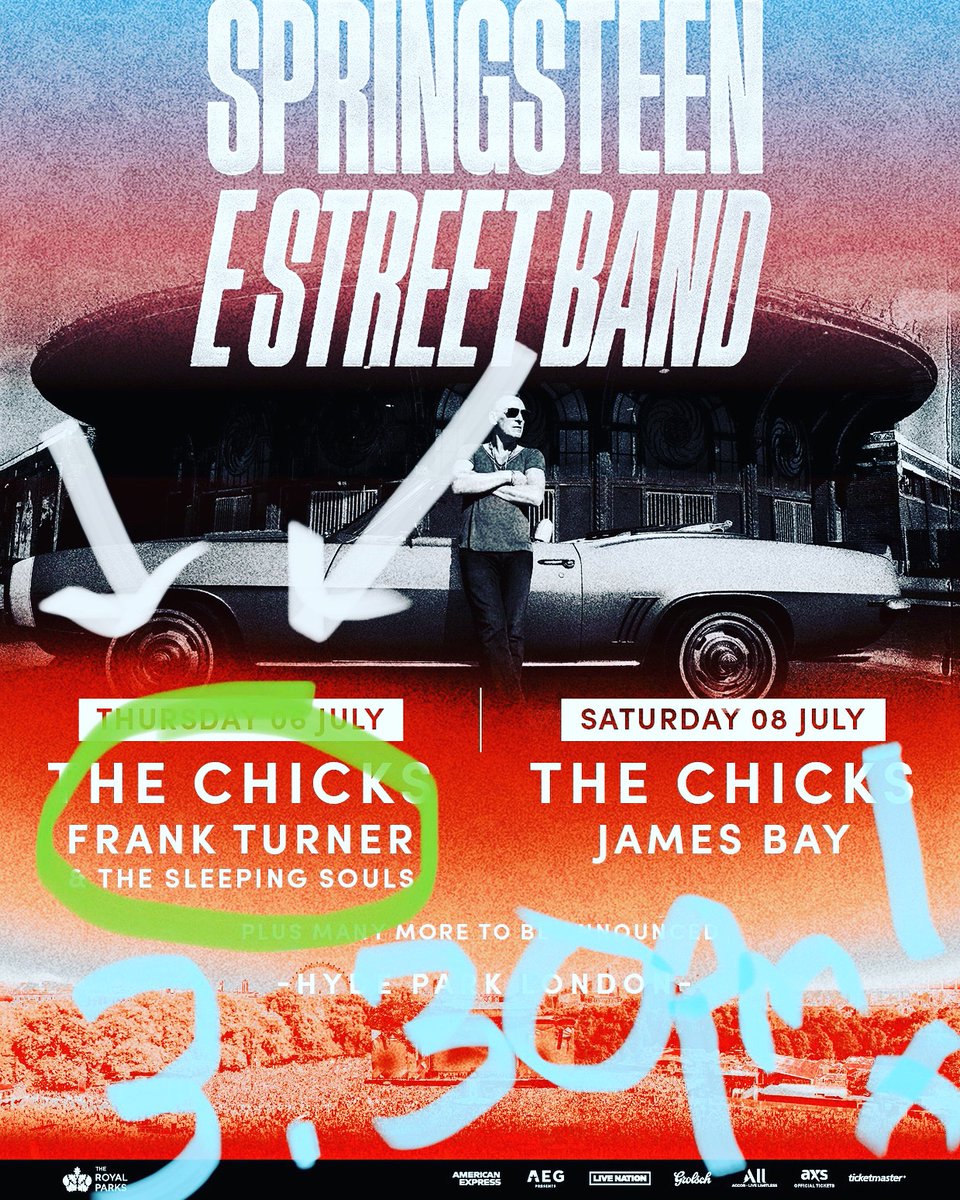 Frank Turner (@frankturner) on Twitter photo This Thursday I will be taking a plain black marker and drawing a line through the top item on my bucket list. Playing with <a href="/springsteen/">Bruce Springsteen</a> in London, on invitation. Pretty big deal.
We’re on the main stage at 3.30pm sharp - all day show. Don’t miss it! Hope to see you there. This Thursday I will be taking a plain black marker and drawing a line through the top item on my bucket list. Playing with <a href="/springsteen/">Bruce Springsteen</a> in London, on invitation. Pretty big deal.
We’re on the main stage at 3.30pm sharp - all day show. Don’t miss it! Hope to see you there.