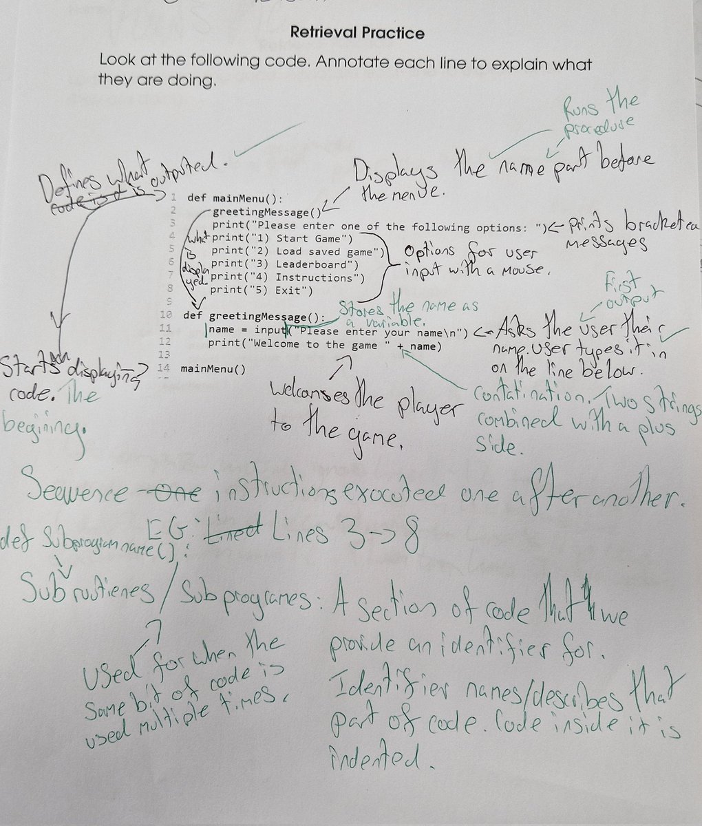 MrsVFosterCS's tweet image. Year 10 Computer Scientists at @HumphreyPerkins have been learning about procedures using the Python programming language. Retrieval practice this morning helped them remember these skills from their lesson last week!
#teachingcomputing #pythonCode #retrievalpractice