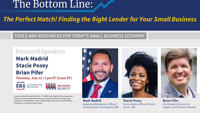 🗓️Join SBA on Thursday July 13
🕑2pm ET
🔎Learn how to Find the Right Lender for Your #SmallBusiness with SBA's #LenderMatch
📝Details &amp; Registration: us06web.zoom.us/webinar/regist…